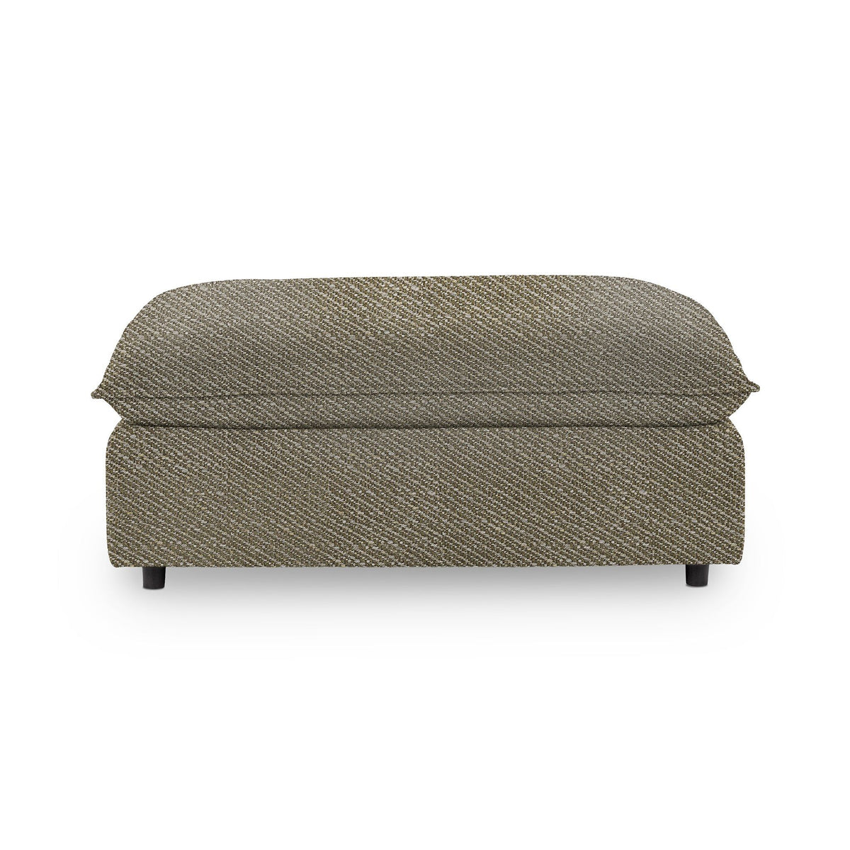 Classic Home Caplan upholstered ottoman with a plush fabric top and wooden legs, versatile for living room or bedroom decor.