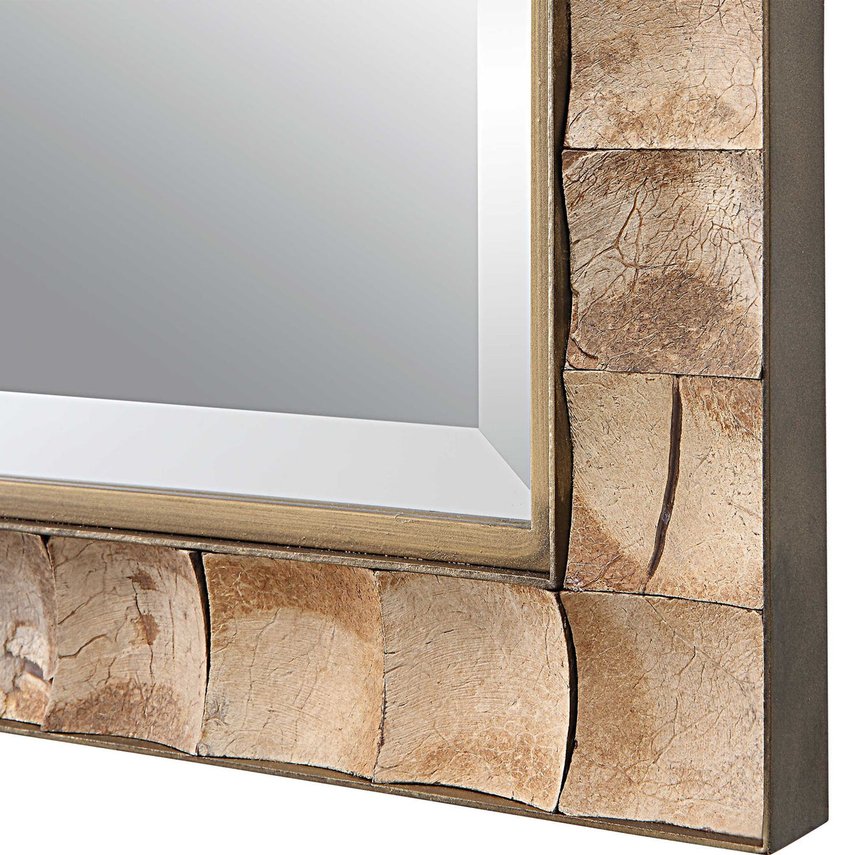 Light brown coconut shell accent mirror by Uttermost featuring a natural textured coconut shell frame.
