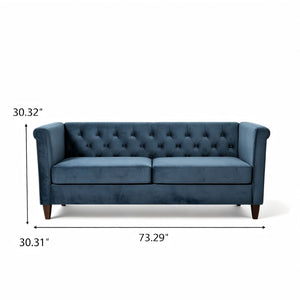 Navy blue US Pride button tufted 3-seater stationary sofa with upholstered cushions and wooden legs in a living room setting.