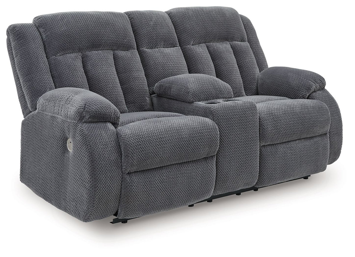 Observation - Double Reclining Power Loveseat With Console - Steel - R&R Furniture Gallery (Fountain Valley, CA)