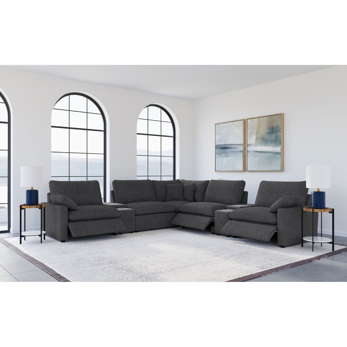 Modular Power Reclining With Lift Top Consoles, 7 Piece Configuration - Dark Gray