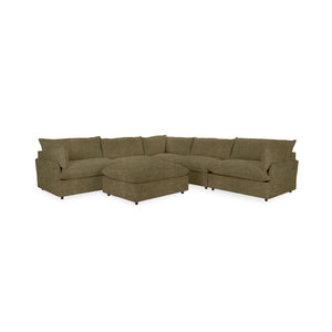 Classic Home Caplan 6-piece modular sectional with ottoman, showcasing beige fabric cushions and modern living room setup.