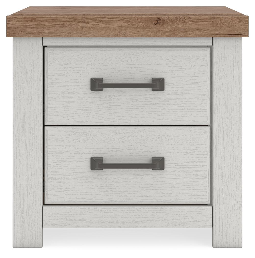 Benchcraft Savonport two-drawer nightstand with charging station in white and brown, featuring a modern design and functional storage.