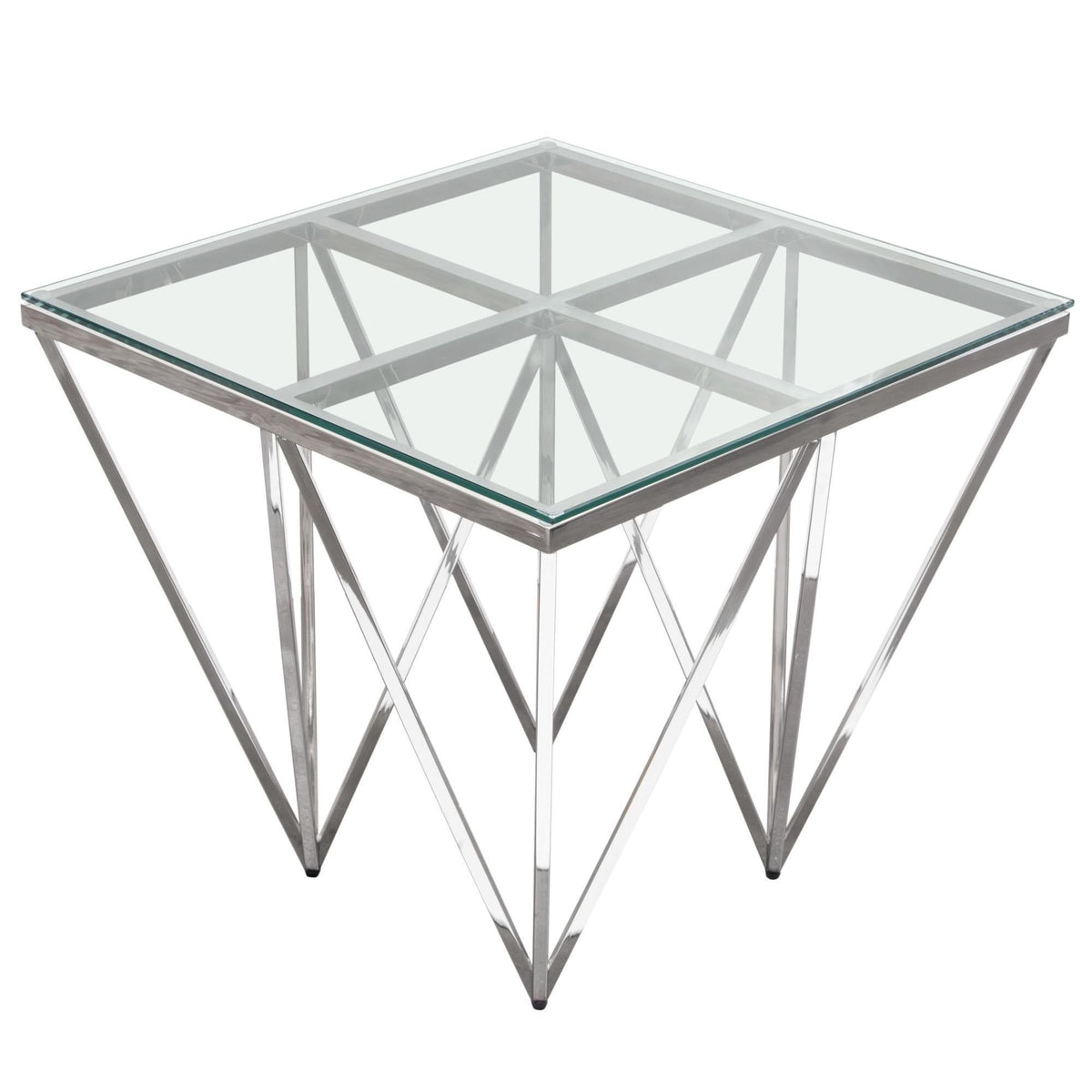 Omni Square End Table with Clear Tempered Glass Top and Polished Stainless Steel Base by Diamond Sofa