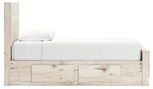 Signature Design by Ashley Lawroy panel storage bed with built-in drawers and a contemporary wood finish.