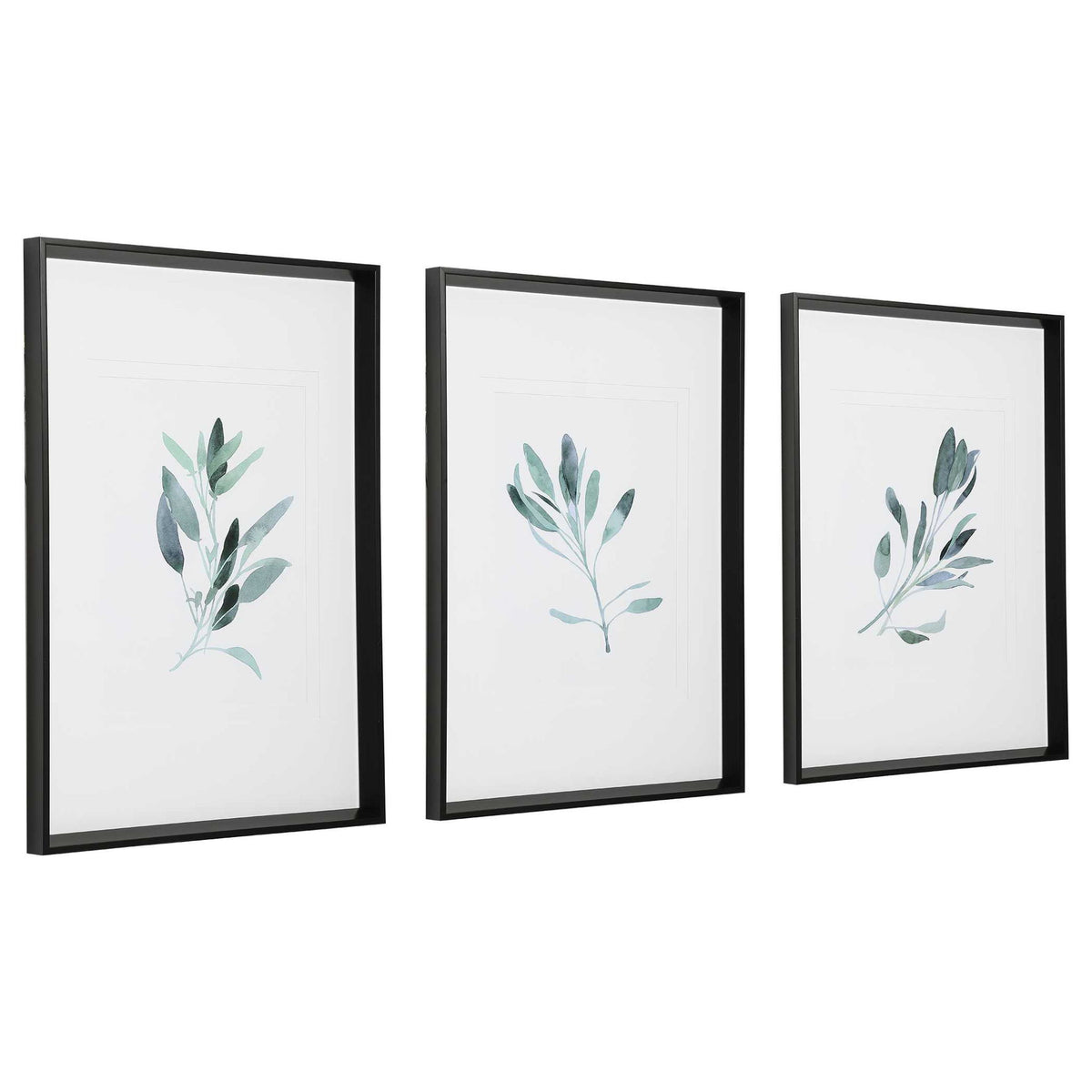 Set of three framed watercolor sage print artworks by Uttermost, featuring soft green and white botanical designs.