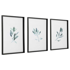 Set of three framed watercolor sage print artworks by Uttermost, featuring soft green and white botanical designs.