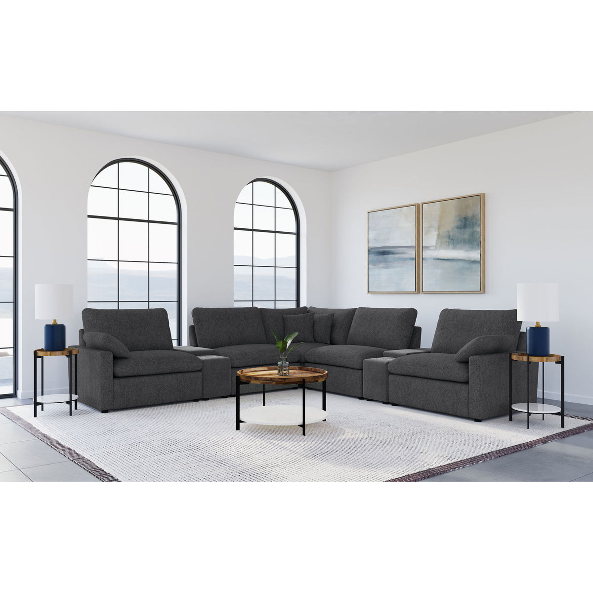 Modular Power Reclining With Lift Top Consoles, 7 Piece Configuration - Dark Gray