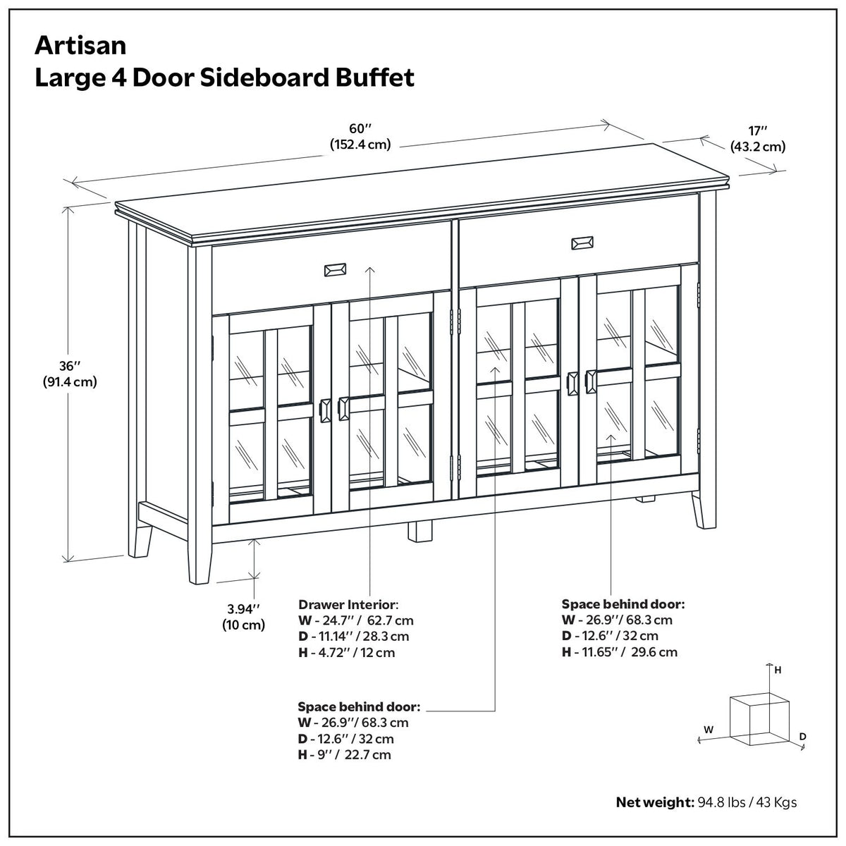 Artisan - Large 4 Door Sideboard Buffet - Dark Chestnut Brown