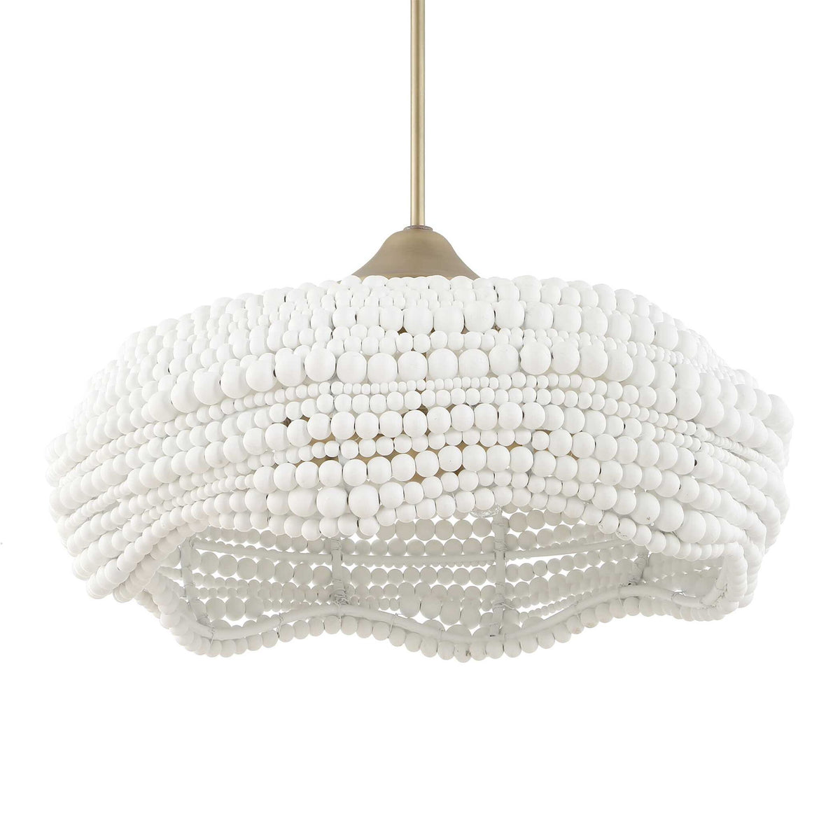 White Biddeford 5-light beaded pendant light by Uttermost hanging from a ceiling, showcasing intricate bead design and elegant lighting.