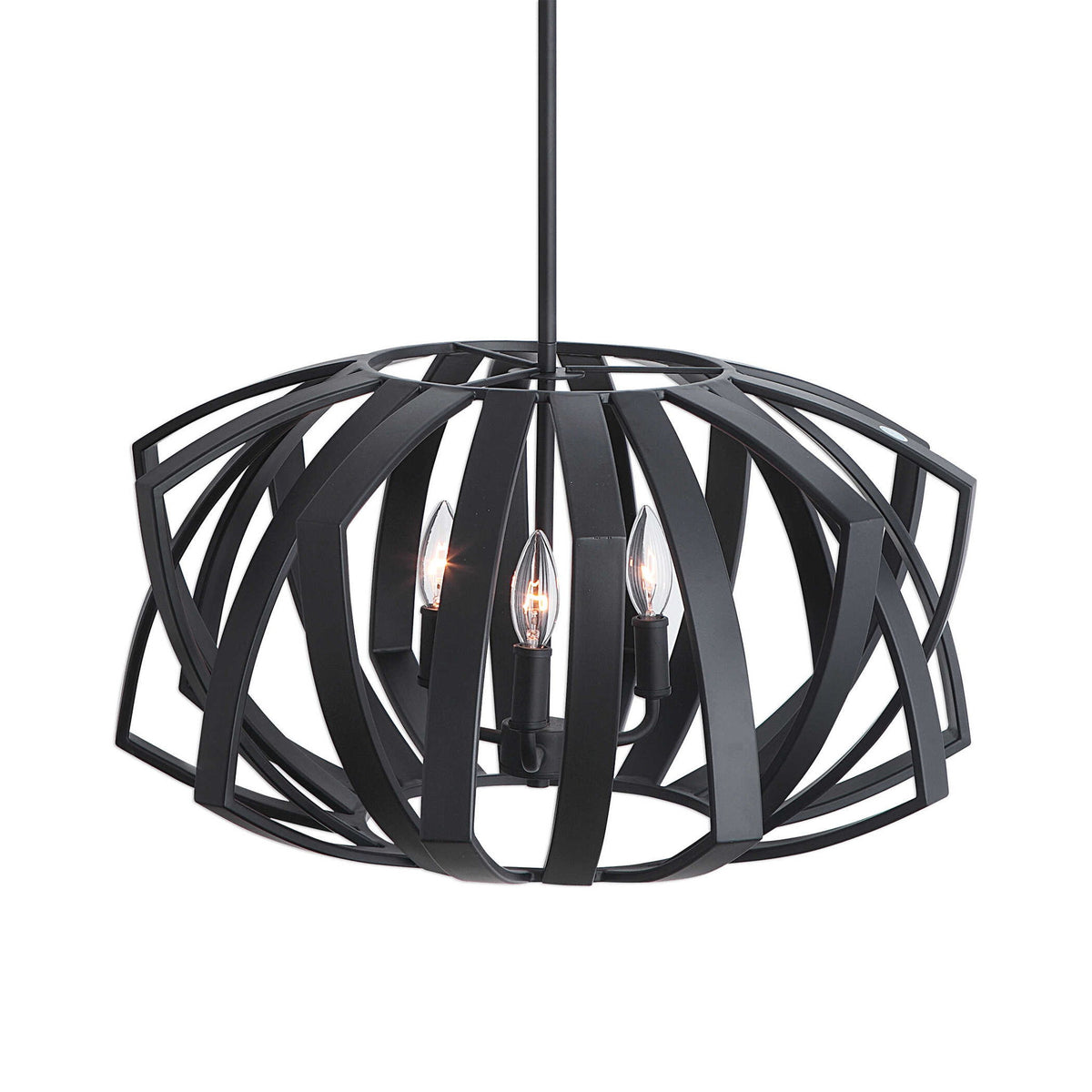 Black Thales geometric 3-light pendant fixture by Uttermost, featuring modern pendant lighting design with sleek black finish.