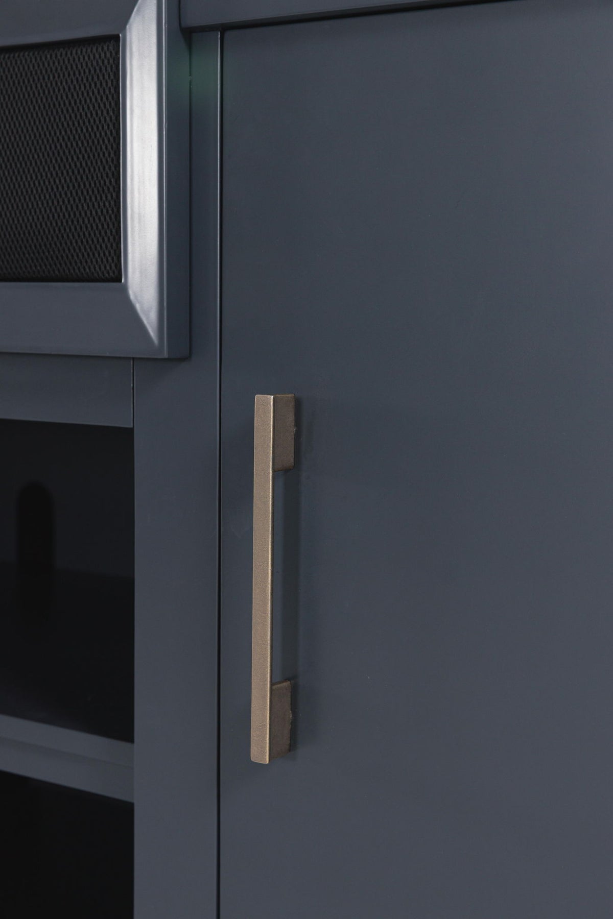 Brown and blue Landocken XL TV stand with fireplace option by Signature Design by Ashley, featuring storage shelves and modern design.