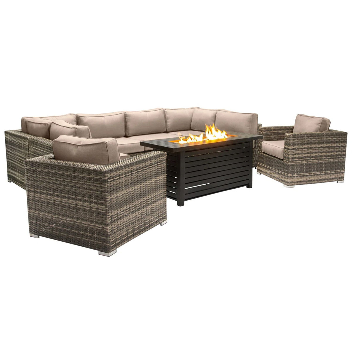 9 Piece Outdoor Sectional Set With Fire Pit Table And Cushions - Beige