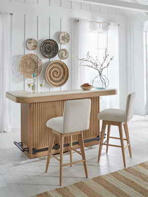 Escape - Dining Bar With 2 Upholstered Swivel Barstools - Glazed Natural Oak / Black Metal Trim