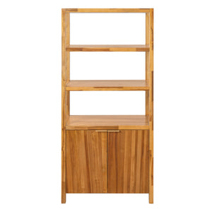 Tall Storage Bookcase Cabinet With 2 Open Shelves & Double Doors, Freestanding Shelving Unit - Natural