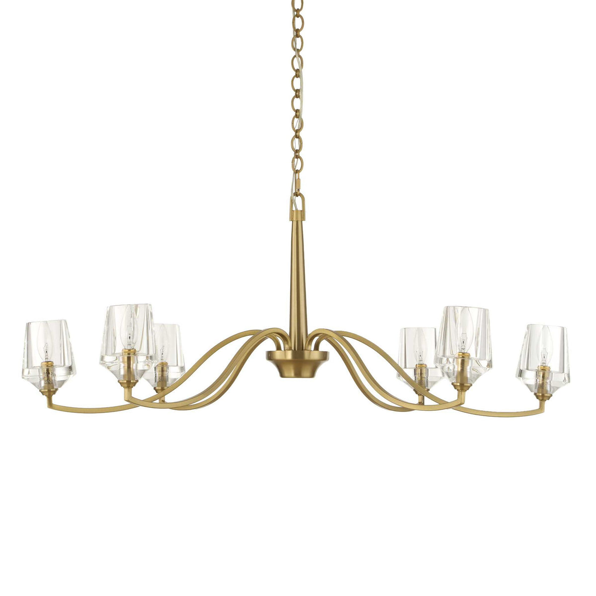 Uttermost Barcelona 6-light brass chandelier with gold finish, featuring elegant curved arms and modern chandelier design.