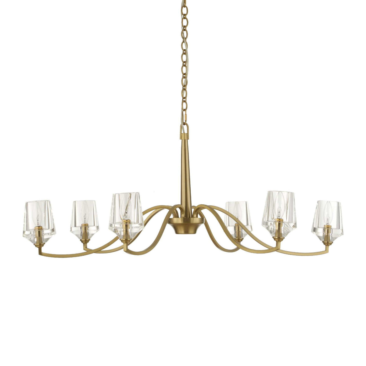 Uttermost Barcelona 6-light brass chandelier with gold finish, featuring elegant curved arms and clear glass shades.