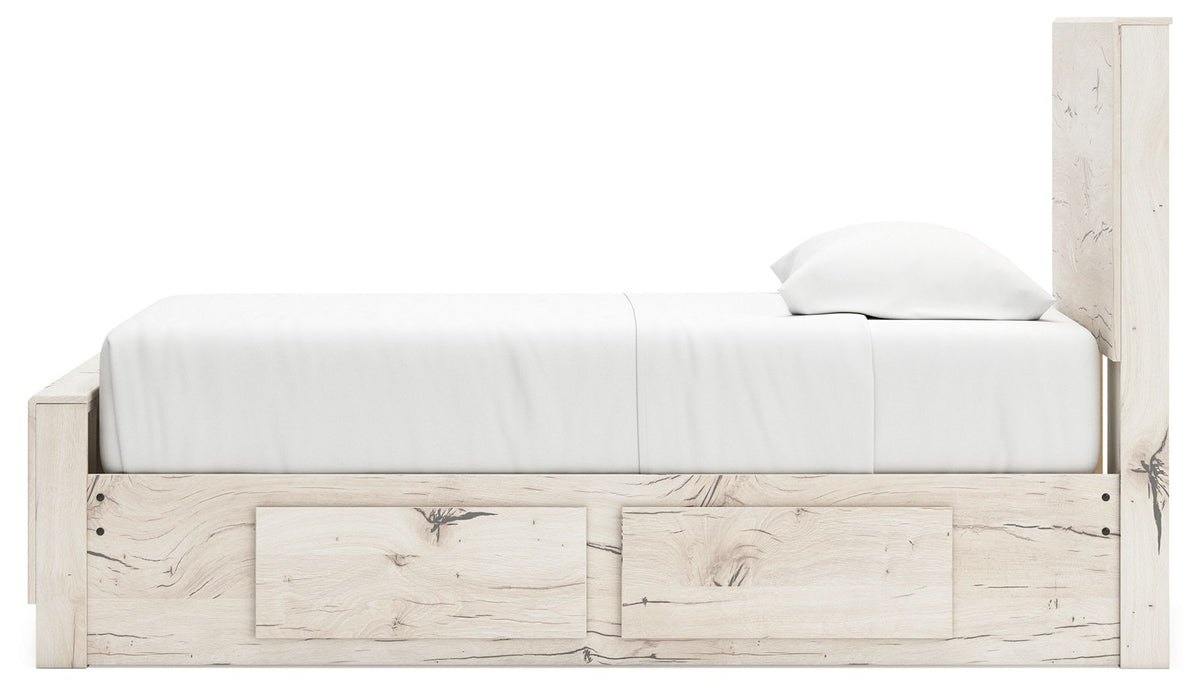 Signature Design by Ashley Lawroy panel bed with built-in storage drawers in a modern bedroom setting.