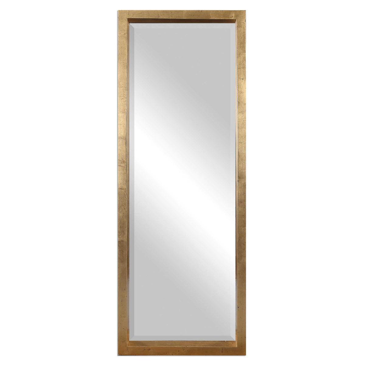 Gold Edmonton Leaner Floor Mirror by Uttermost with a sleek, full-length design and modern frame, standing upright in a contemporary setting.