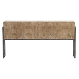 Contemporary Nevis console table by Uttermost with light brown finish and sleek modern design, displayed in a stylish home setting.