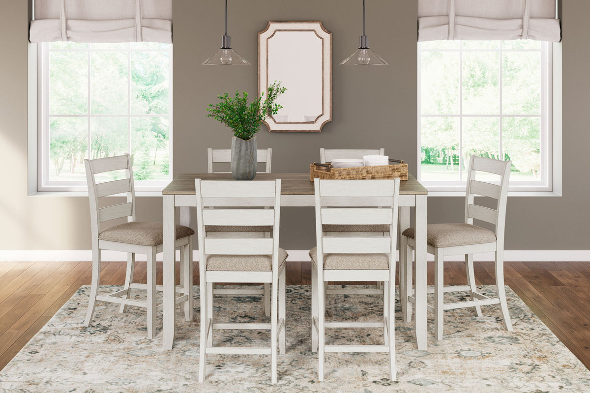 Skempton - Counter Height Dining Table and Bar Stools (Set of 7) - White / Light Brown - R&R Furniture Gallery (Fountain Valley, CA)
