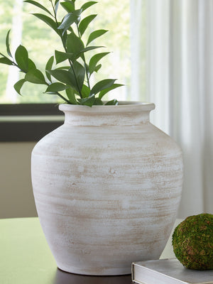 Signature Design by Ashley 12-inch Meadie vase in neutral tones, showcasing its elegant ceramic shape and decorative design.
