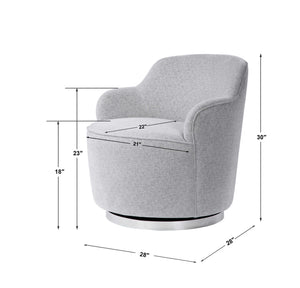 Uttermost Hobart gray casual swivel chair with cushioned seat, modern design, and rounded base visible in the image.