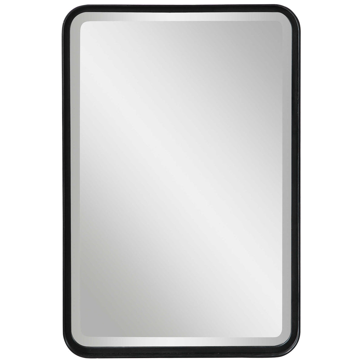 Black Croften vanity mirror by Uttermost featuring a sleek, modern design with a round reflective surface.