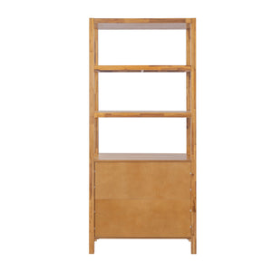 Tall Storage Bookcase Cabinet With 2 Open Shelves & Double Doors, Freestanding Shelving Unit - Natural