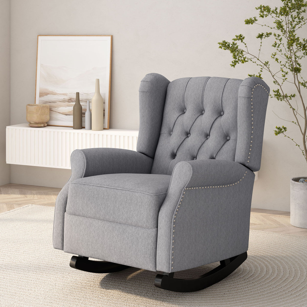 Gray Sheila Noble House contemporary fabric tufted wingback rocking chair with plush upholstery and wooden rocking base.