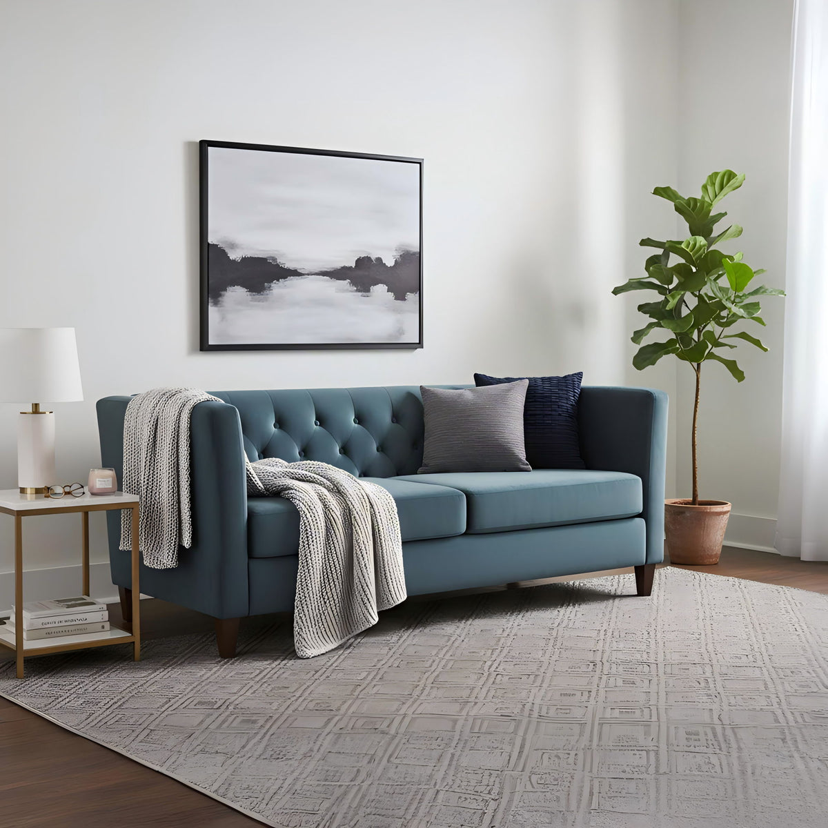 Navy blue US Pride button tufted 3 seater sofa with upholstered cushions, stationary living room couch, stylish and comfortable.