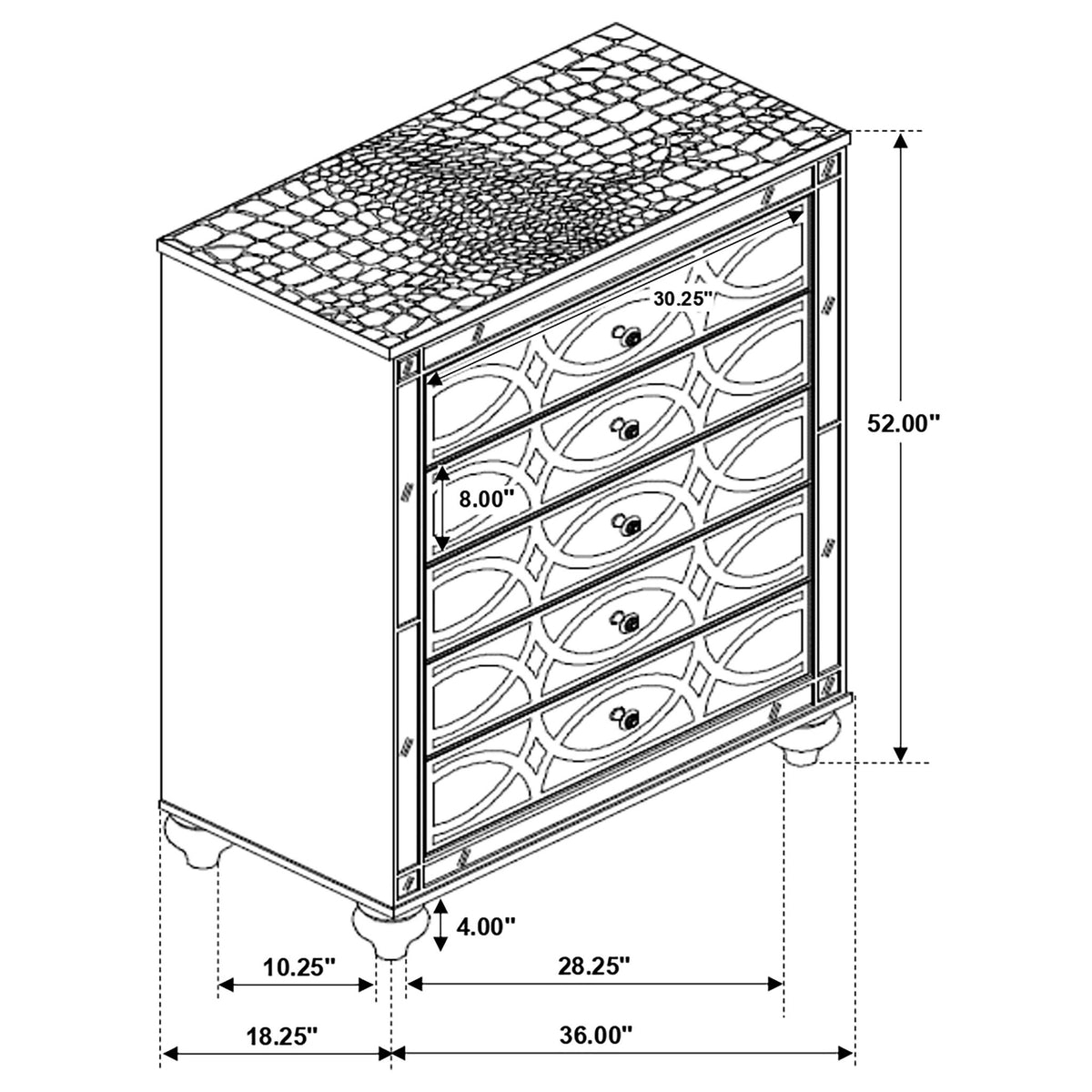Arabesque - 5 Drawer Bedroom Chest - Silver