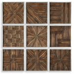 Set of nine dark brown rustic wooden squares wall decor by Uttermost, arranged in a decorative pattern for interior design.