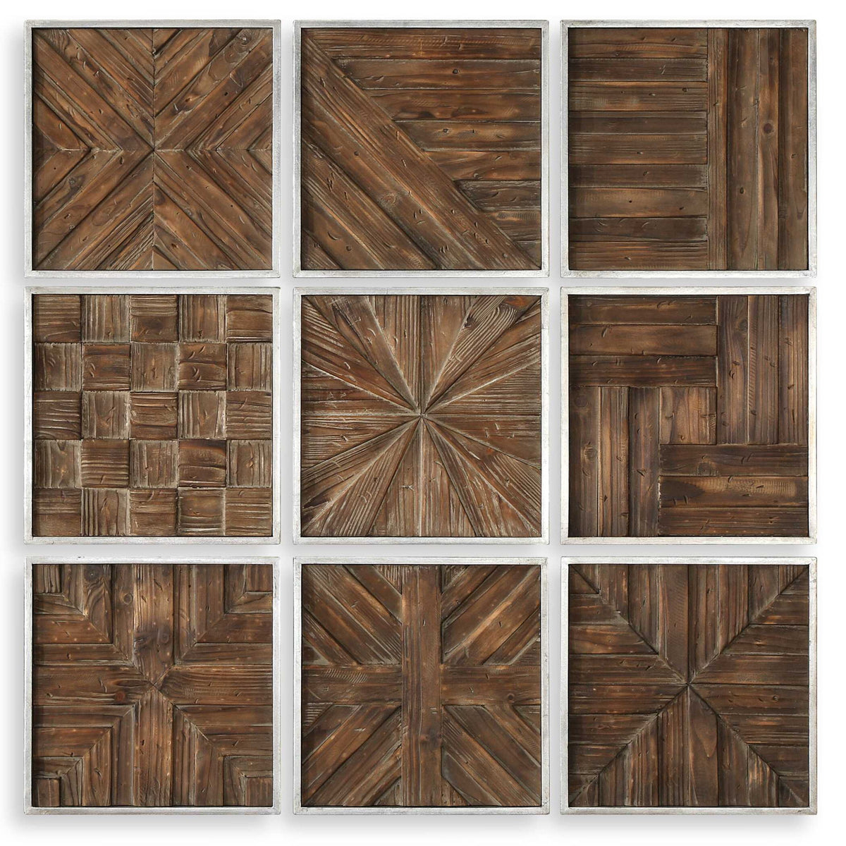 Set of nine dark brown rustic wooden squares wall decor by Uttermost, arranged in a decorative pattern for interior design.