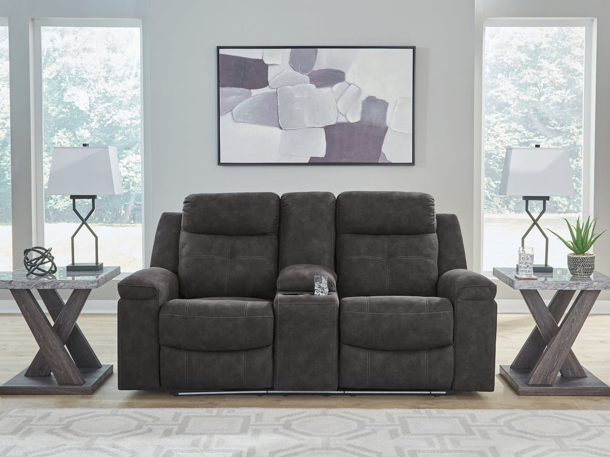 Brysonview - Double Reclining Loveseat With Console - Charcoal - R&R Furniture Gallery (Fountain Valley, CA)