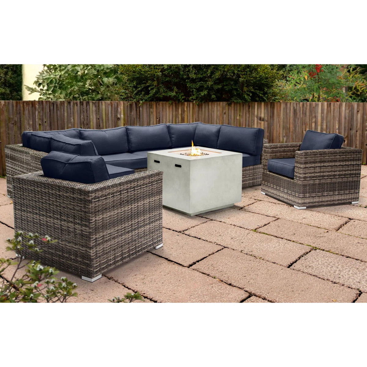 Premium 6 Person Wicker Patio Seating Group With Deep Cushions And Concrete Fire Pit - Gray Mix