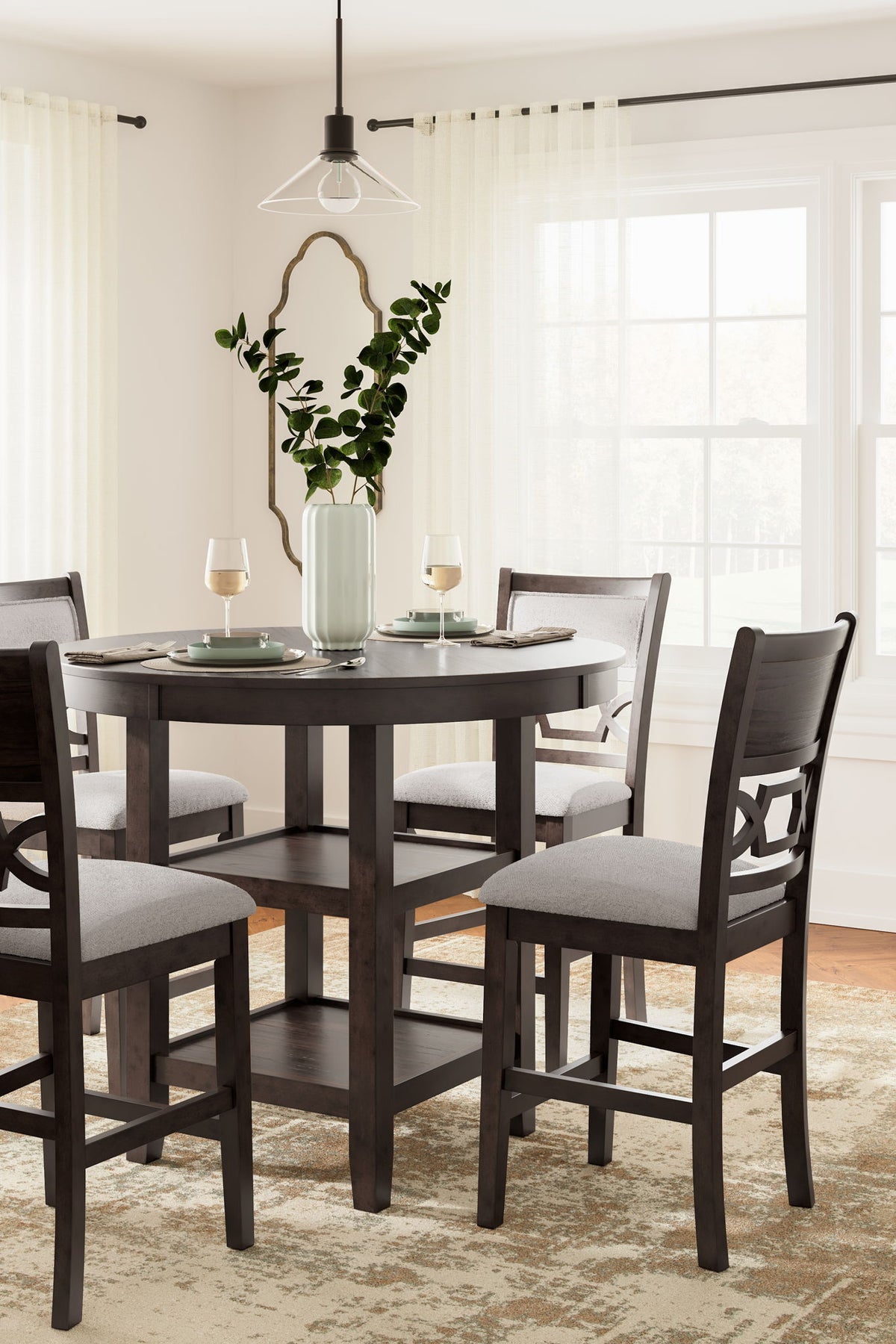 Brown 5-piece dining room table set by Signature Design by Ashley featuring a counter-height table and matching chairs.