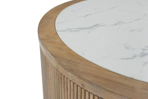 Round Camdill coffee table by Signature Design Ashley in light brown and white wood finish, showing its sleek, modern design.