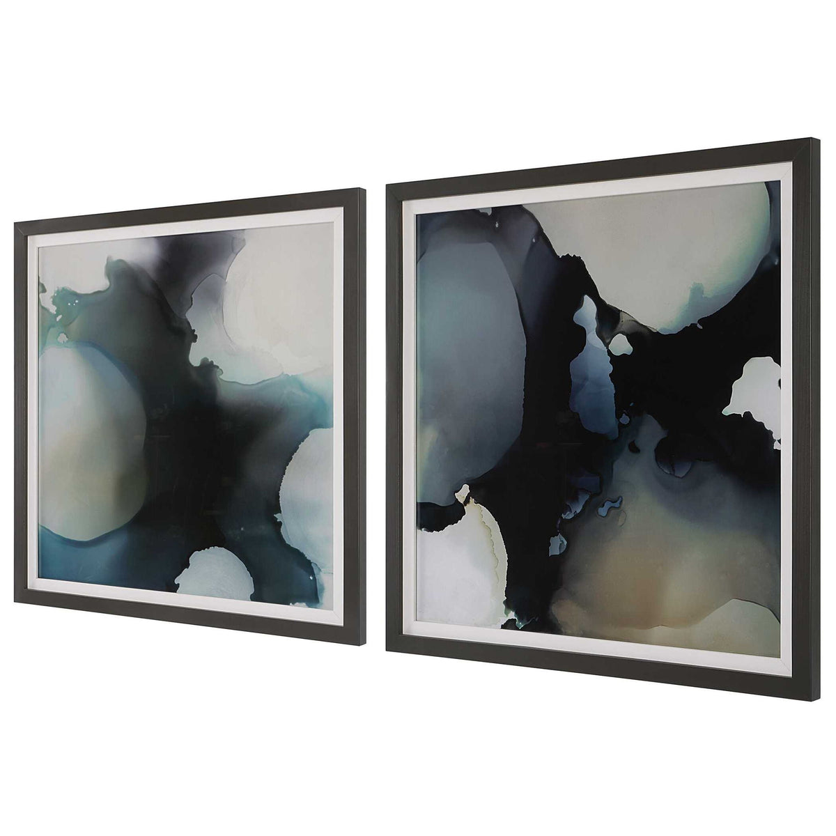 Pair of abstract framed prints by Uttermost, telescopic design in black, modern wall art for contemporary decor.