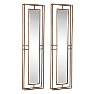 Set of two gold wall mirrors from Uttermost Rutledge collection, featuring elegant round frames and reflective glass surfaces.