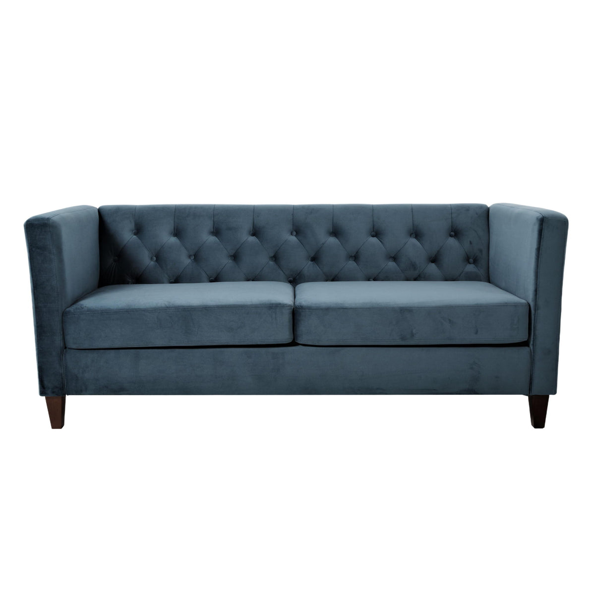 Navy blue button tufted 3 seater sofa from US Pride, upholstered stationary couch for living room with plush cushions and elegant design.