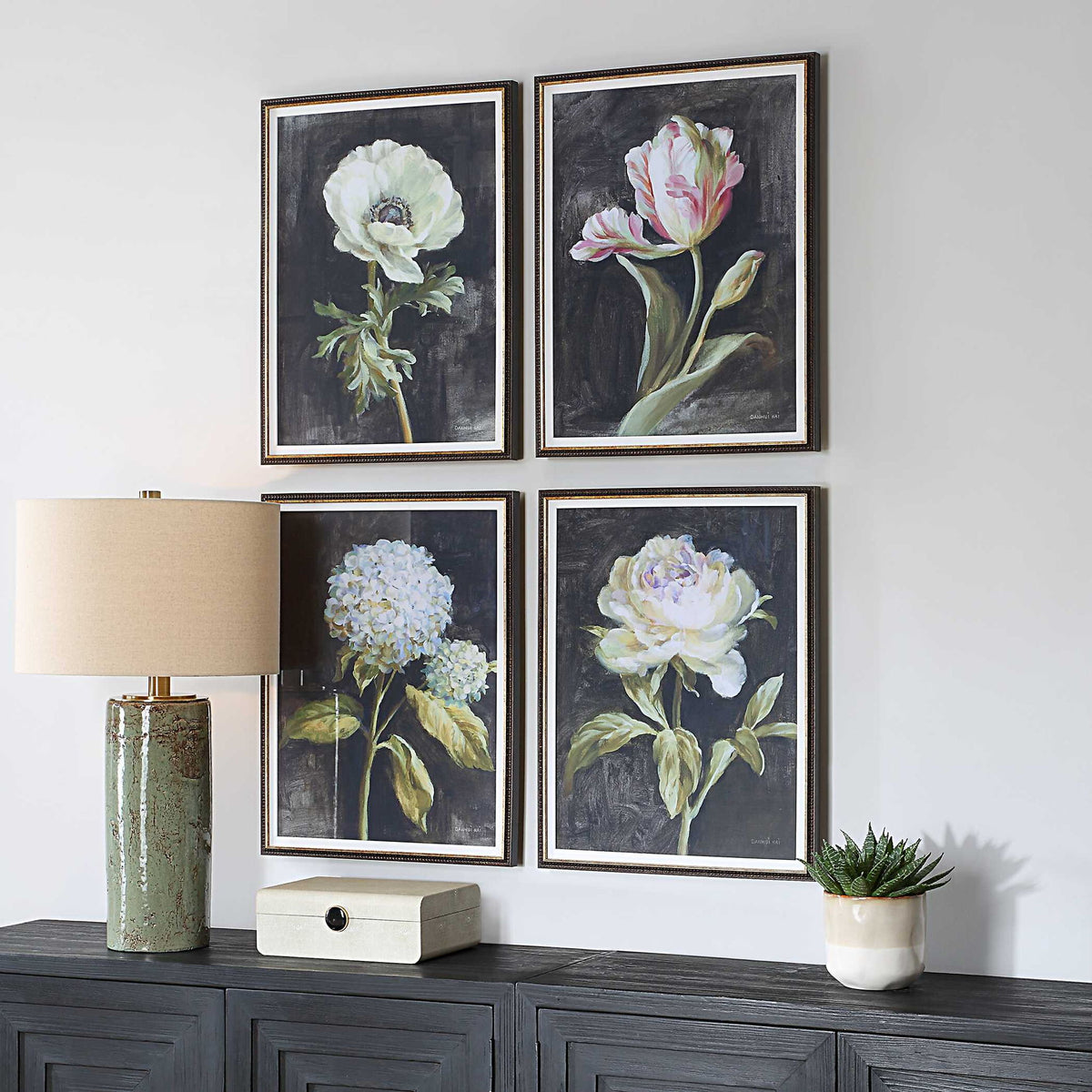 Florals On Black - Framed Prints (Set of 4) - Black
