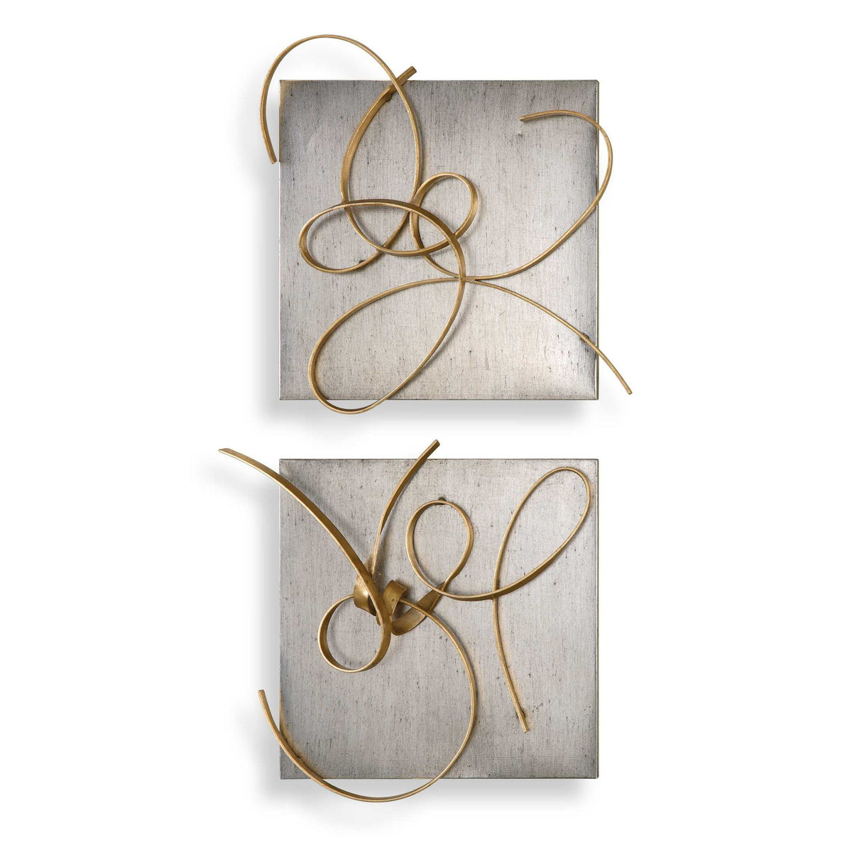 Set of two gold metal wall art pieces by Uttermost, modern wall decor with intricate geometric designs.
