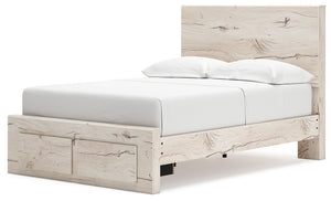 Signature Design by Ashley Lawroy panel bed with built-in storage drawers and a modern wood finish, showcasing a stylish bedroom centerpiece.