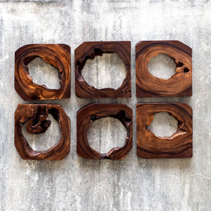 Set of six dark brown Adlai wood wall art panels by Uttermost, modern wall decor for living spaces, natural wood texture visible.