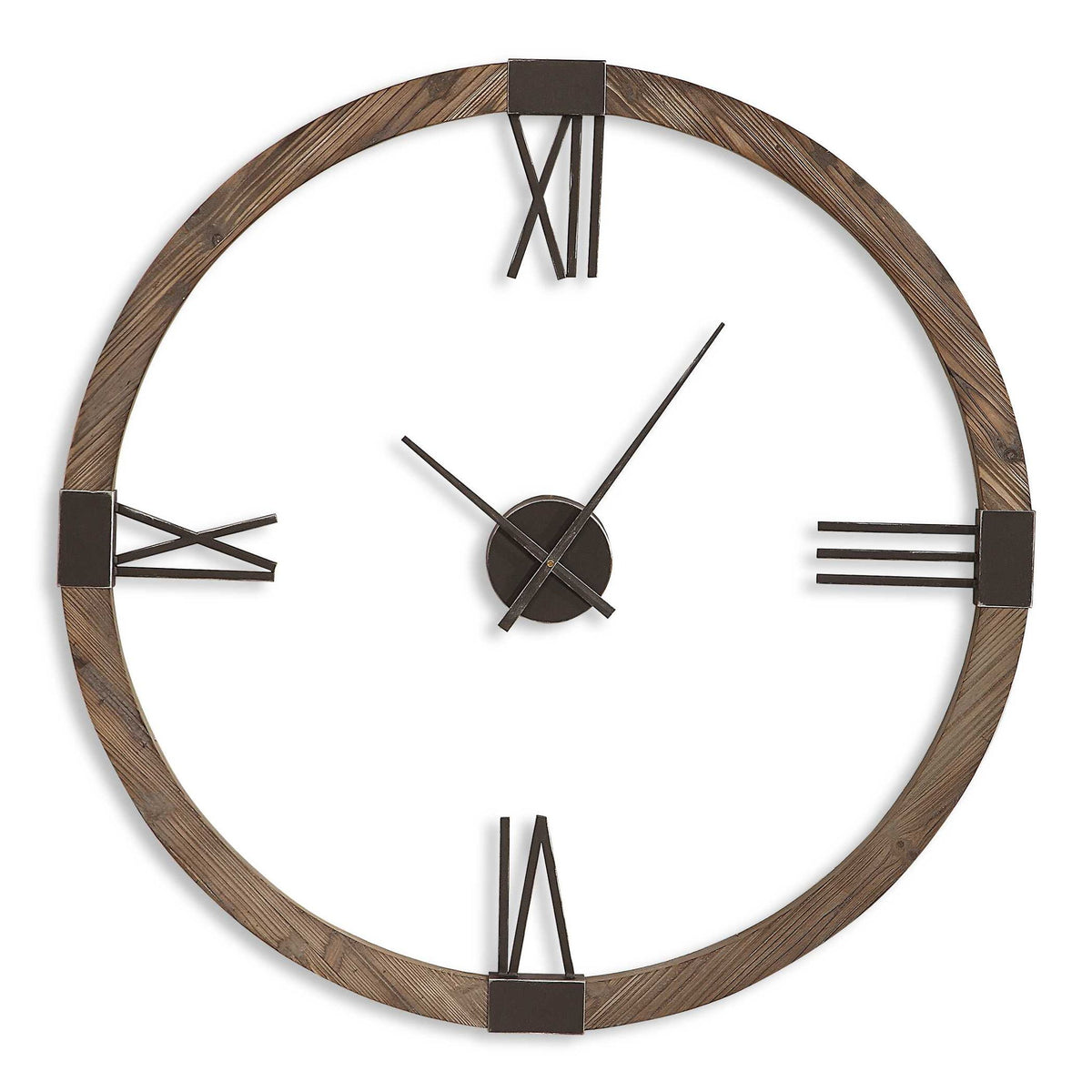 Uttermost Marcelo modern wall clock with light brown wooden frame and minimalist design, hanging on a neutral wall.