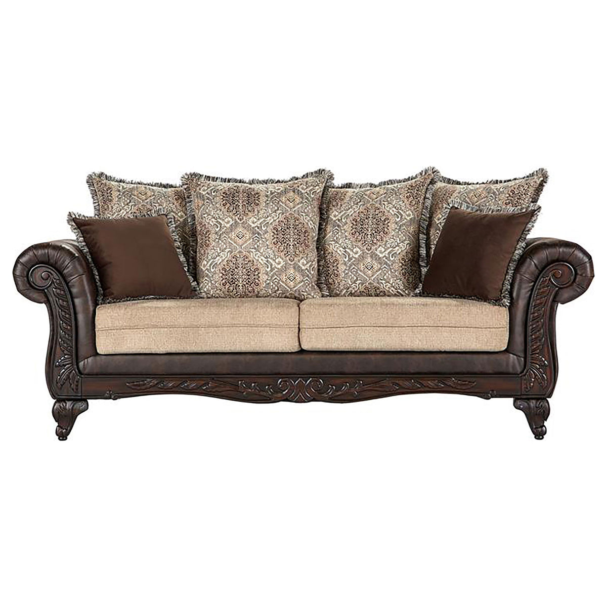 Brookridge - Rolled Arm Sofa With Ornate Details And Mixed Upholstery - Brown