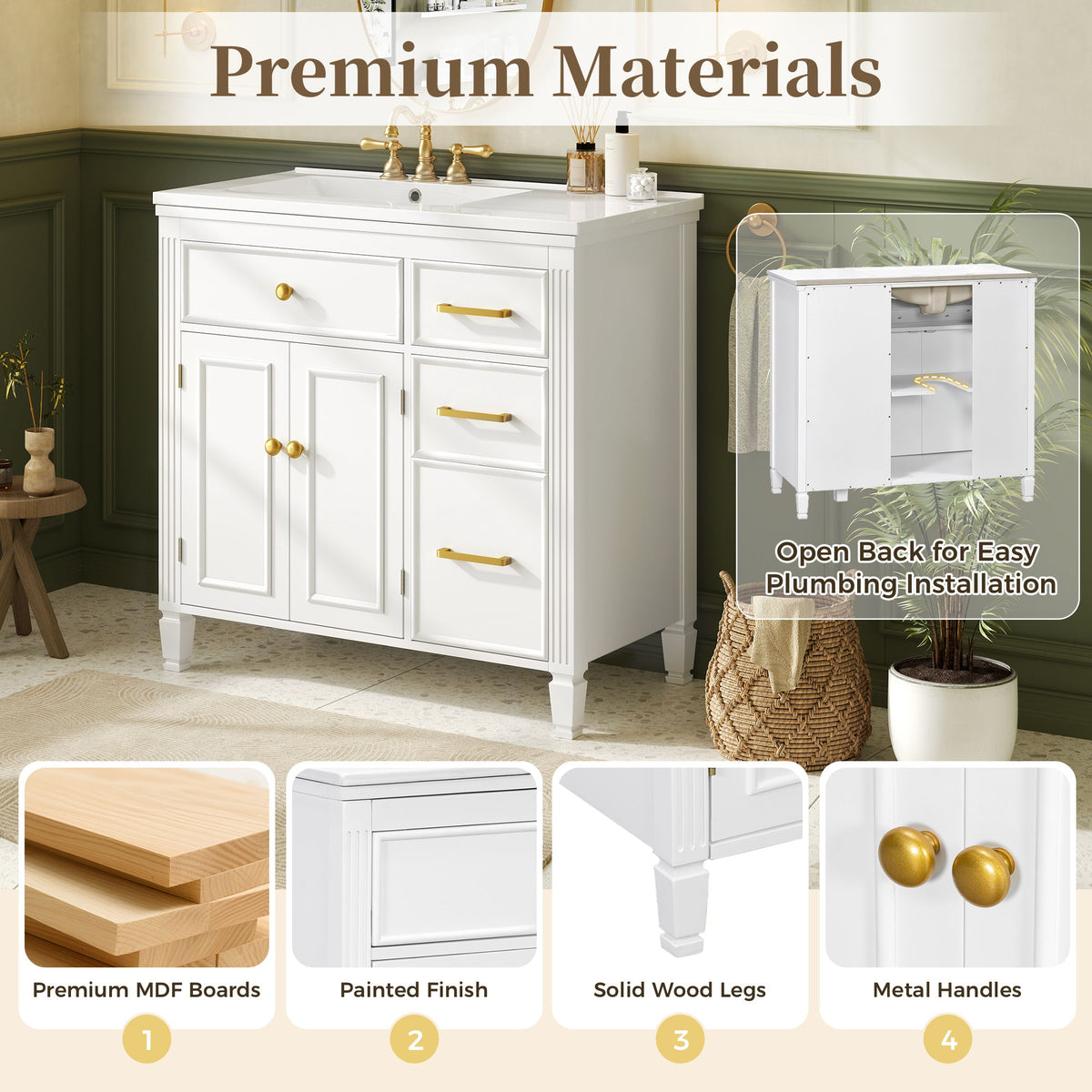 Bathroom Vanity With Sink Top, 3 Soft Closing Drawers