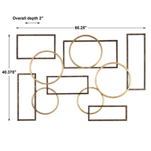 Uttermost Elias wall art features bronze and gold finish, modern wall decor with abstract metal design.