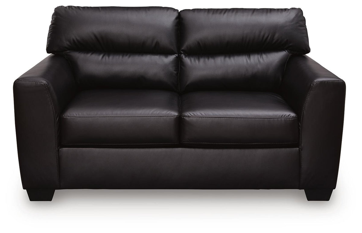 Midnight-colored Glennbre stationary loveseat by Signature Design Ashley, featuring plush cushions and a cozy, modern design.